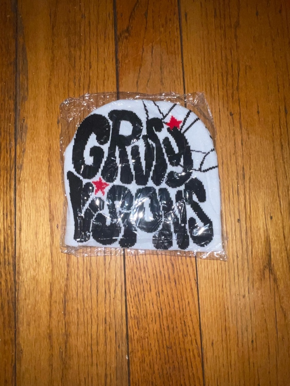 Gravity Visions beanie, black and white spider web on the back